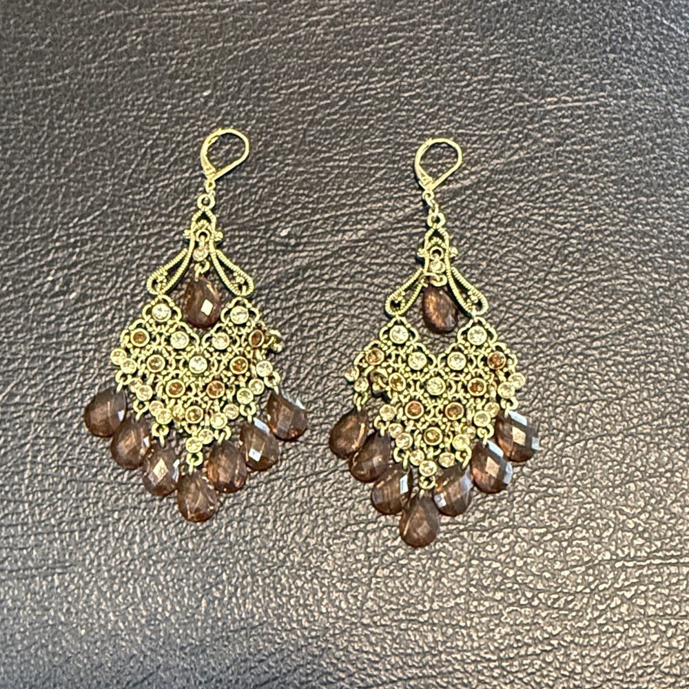 Vintage-Inspired Gold Filigree Earrings with Brown Crystal Drops